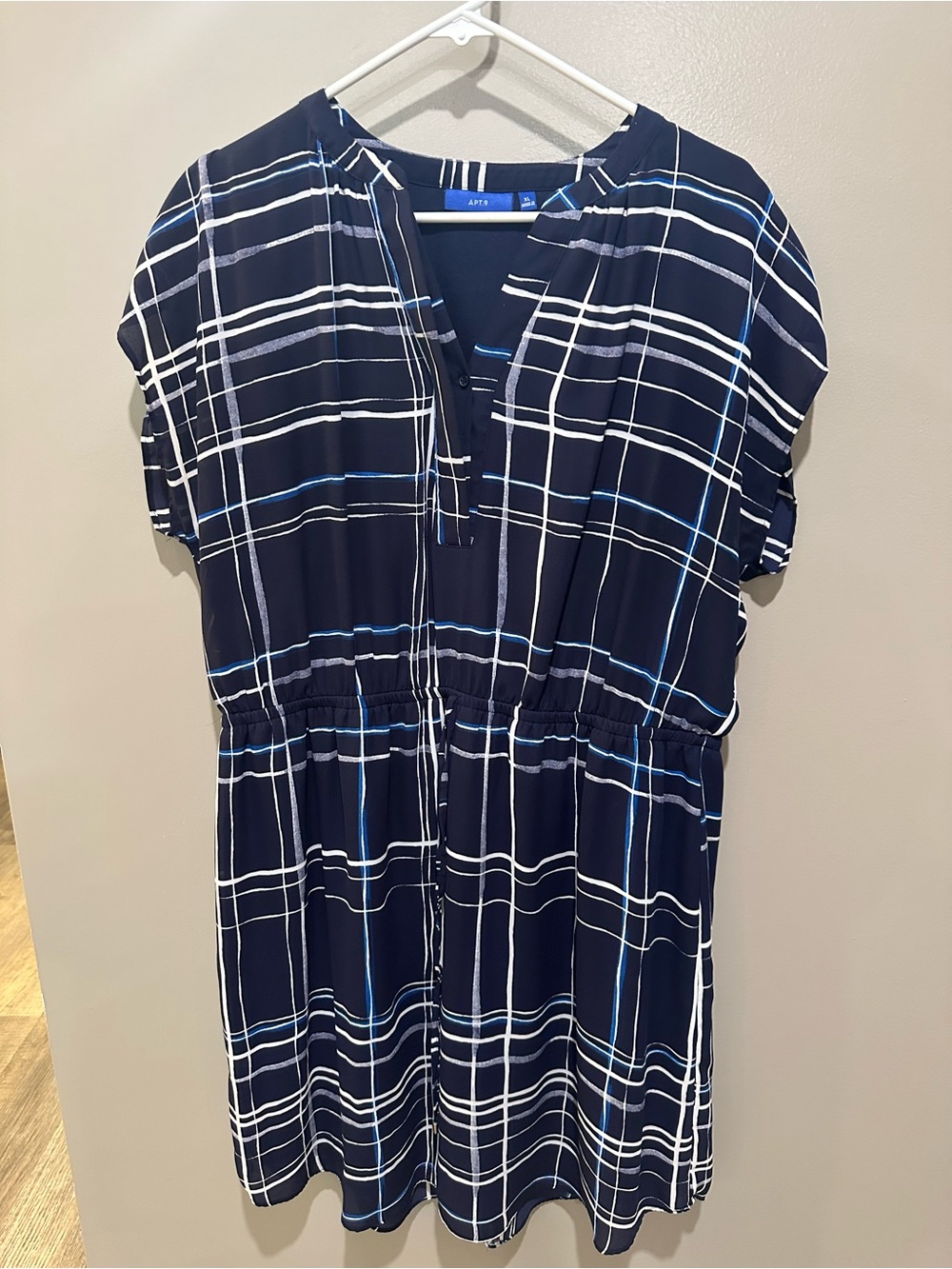 Apt. 9 Navy and White Plaid Short-Sleeve Drawstring Tunic